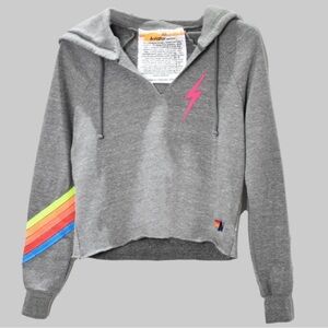 NWOT Aviator Nation Neon Bolt Stitch Chevron 5 Stripe Grey Cropped Hoodie Size S
